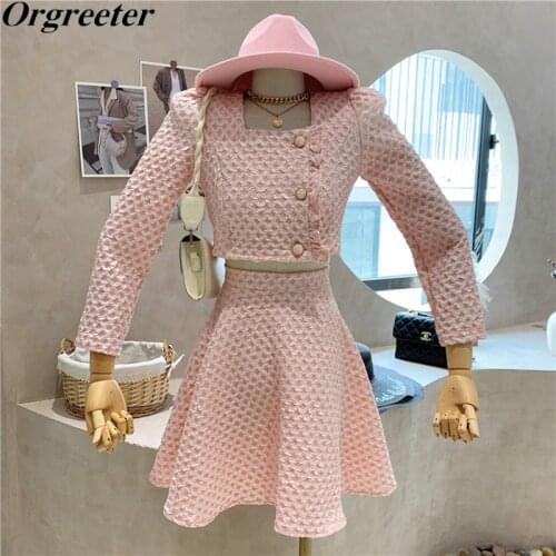 High Quality Sweet Pink Dot Jacquard Short Jacket Two Piece Set Women Button Ruffles Crop Top + A-line Mini Skirts 2 Piece Sets