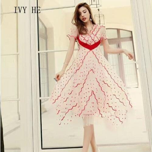 IVY HE High Quality Summer Dress Woman Clothing Gauze Red Embroidery Holiday Midi Long Dress Traf Robe ZA Vintage Party Dresses