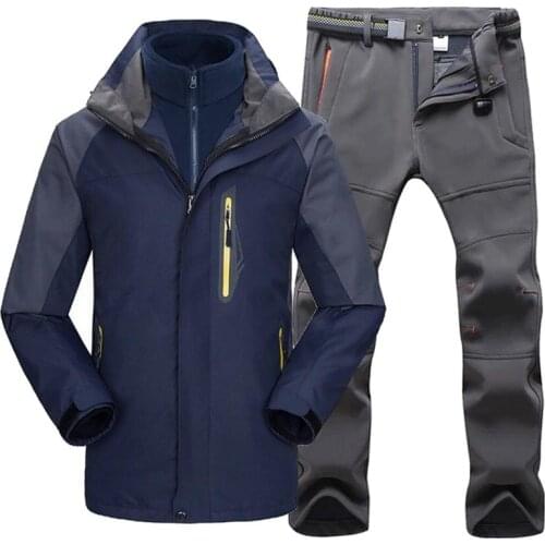 Winter outdoor Ski suit men Hiking jacket & softshell Pants two-piece Fleece liner coat Waterproof Windproof mountaineering suit