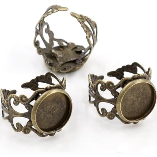 12mm 10pcs Antique Bronze Plated Brass Adjustable Ring Settings Blank/Base,Fit 12mm Glass Cabochons,Buttons;Ring Bezels -J2-08
