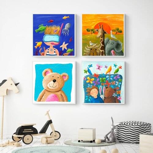 Newest 5 Pieces Cotton Printing Cartoon Canvas Painting Wall Picture Artwork For Children Room Decoration Wall