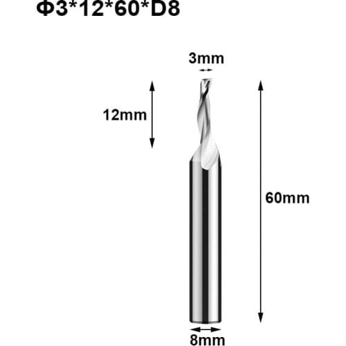 5pcs One Flute HSS High Speed Steel Aluminum Copper Milling Cutter aluminum alloy door windows End Mills CNC Bits 3x12x60xD8