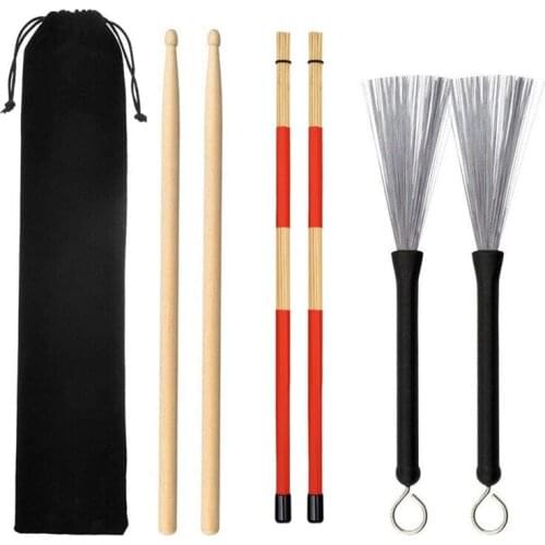Drum Sticks 1 Pair 5A Maple Wood Drum Sticks 1 Pair Retractable Drum Wire Brushes and 1 Pair Rods Drum Brushes Set