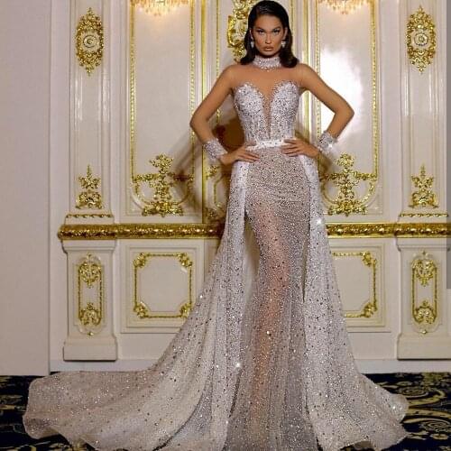 Two Pieces Sparkly Wedding Dresses with Detachable Train 2021 Sheer Long Sleeve Beaded Arabic Dubai Luxurious Bridal Gowns