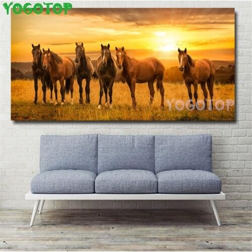 Large diamond painting wild horses diy diamond mosaic sunset landscape square round Cross Stitch,3D rhinestones painting YY4593