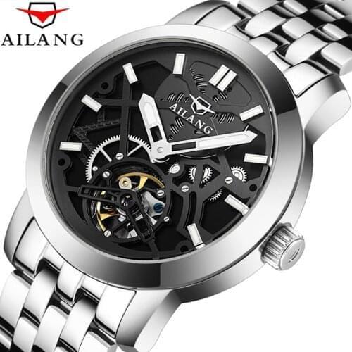 AILANG Mens Watch Automatic Mechanical Atmosphere Mens Watch Black Hollow Mens Silver Watch Luminous Sports Waterproof 8611C