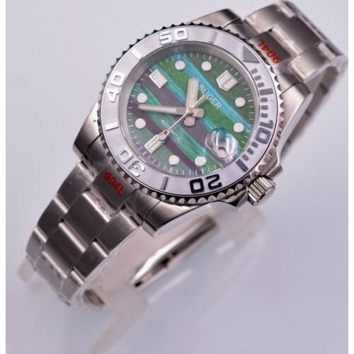 Bliger 40mm New Green Dial NH35 Seiko Movement Mens Watch Oyster Strap Screw Back Sapphire Crystal Folding Clasp