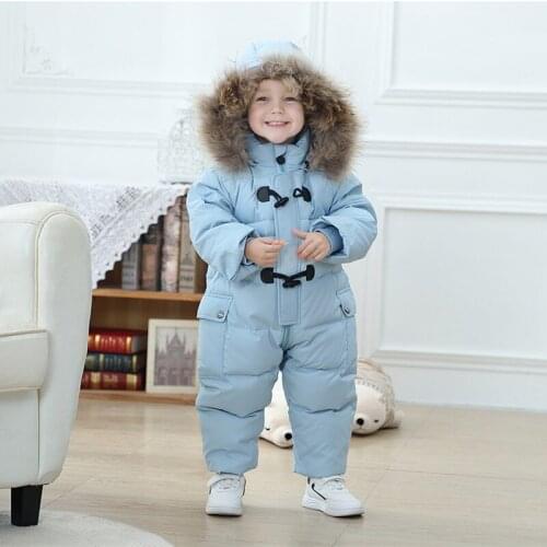 2021Baby Winter Snowsuit Duck Down Hooded Coat Real Fur Infant OVeralls Children Jumpsuit for Girls Boys Snow Wear Rompers