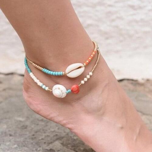 2PCS Women Anklet Set Bohemian Shell Decor Ankle Charm Foot Bracelet Summer Beaded Anklet