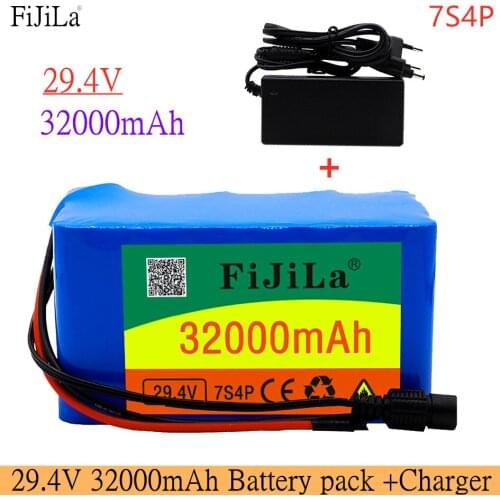 New 24V 7S4P 32000mAh high power 32AH 18650 Lithium Battery pack with BMS 29.4V Electric bicycle electric car + 2A Charger
