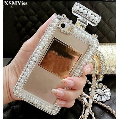 XSMYiss Bling Diamond Match Pearl Perfume Bottle Shaped Chain Handbag Case Cover For iPhone 12 11 Pro Max XR 7 8 Plus Phone Case