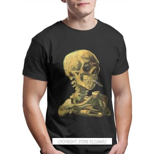 Skull Of Skeleton With Burning Cigarette Print 100% Cotton T Shirts Vincent Van Gogh Post-Impressionist Painter Men Streetwear