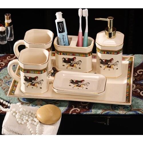 Bathroom Accessories Set Ceramic Toothbrush Holder Gargle Cups With Tray Luxury Bathroom Products 6 Pieces Set Wedding Gifts