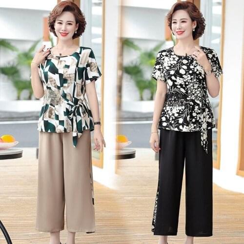2021 New Summer Middle Aged Women Fashion Tracksuit Slim Two Piece O Neck Causal Mother Suit Plus Size 4XL Pants Set