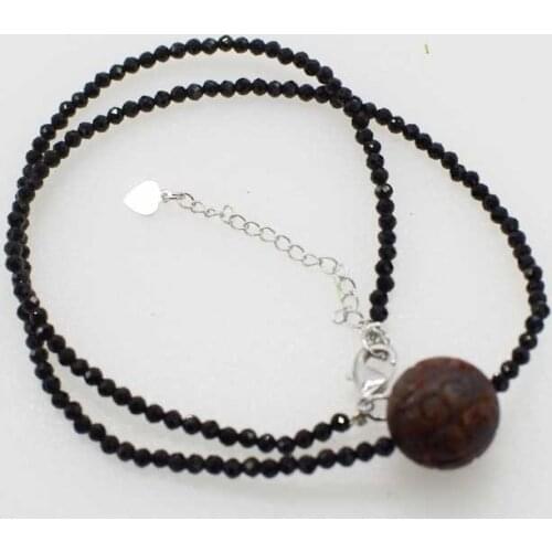 Wholesale black spinel round faceted 2mm & amethyst carved 15mm chocker necklace 16.5inch FPPJ nature beads