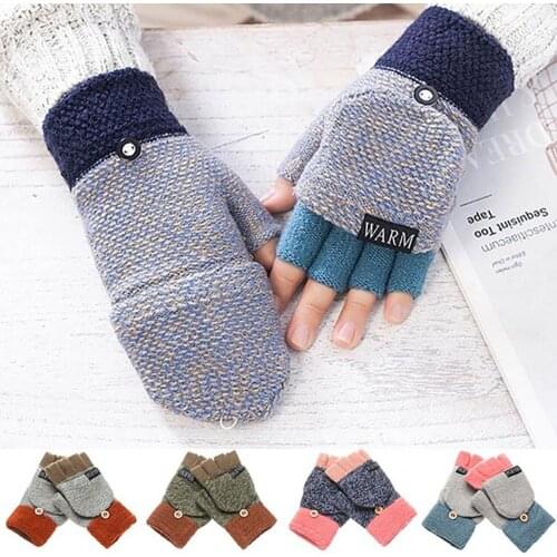 Dropshipping Multicolor Color Block Winter Warm Thickening Faux Wool Half Finger Flip Gloves