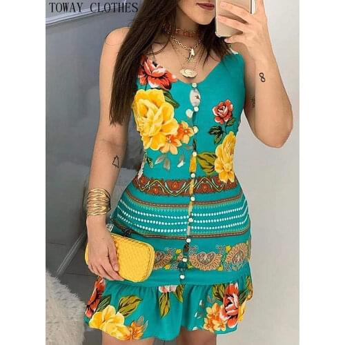 Women Summer V-neck Bottoned Design Print Dress Floral Butterfly Print Ruffles Dress