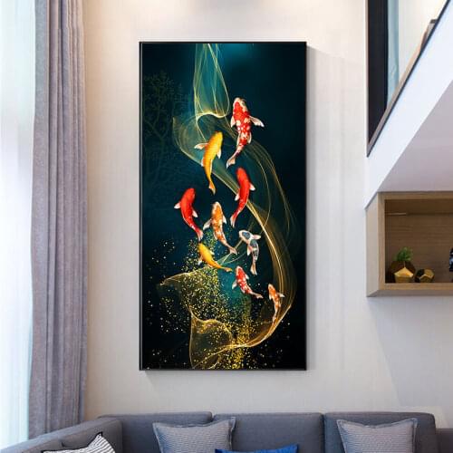 Chinese Style Red Koi Lucky Carp Canvas Painting Fish Goldfish Posters Entrance Home Decor Pictures Cuadros Annual Ring Wall Art