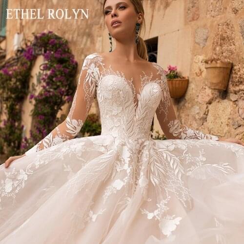 ETHEL ROLYN Romantic A-Line Wedding Dresses Long Sleeve Button Illusion Appliques Vestido De Noiva Robe De Mariee Bride Dress