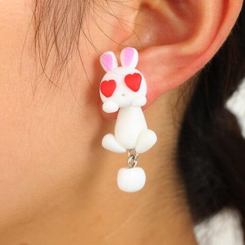Red Heart-shaped Eyes White Split Rabbit Earrings Lovely Soft Ceramics Stereoscopic Animals Earrings Women Party Jewelry Gift