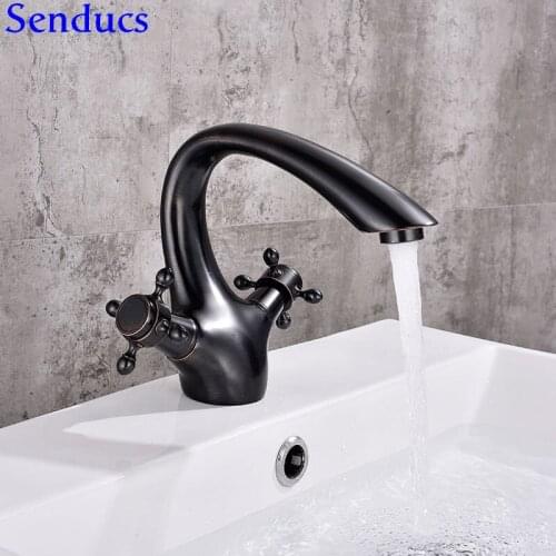 Senducs Black Bathroom Basin Faucet of Dual Handle Brass Basin Sink Faucet with Quality Brass Hot Cold Black Bathroom Mixer Tap