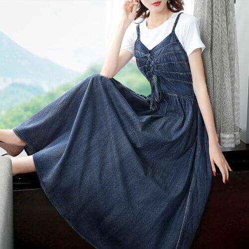TIYIHAILEY 2021 New Free Shipping Vintage Women Long Mid-calf Summer Denim Cotton S-XL Sleeveless Spaghetti Strap Lace Up Dress