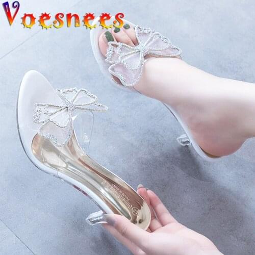 2021 Summer Slippers Sweet Butterfly-Knot Women Sandals Temperament Transparent Crystal 7cm Thin High Heels Silver Wedding Shoe