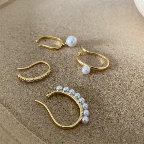 Women Earring 2021 Trend Fake Piercing Ear Clips Gold Color Pearl Woman Accessories 4 Piece Sets Luxury Women' Earrings Jewelry