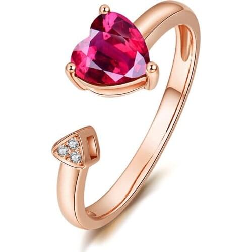 BUDROVKY New Simple Plated 18K Rose Gold Heart-shaped Simulation Red Tourmaline Love Heart-shaped Mouth Ring for Women Party Gif