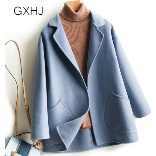 Womens Wool Blends Coat Winter 2021 Autumn Fashion Elegant Blue color Lady Cashmere Woolen Cotton Coats and Jackets LHJ314