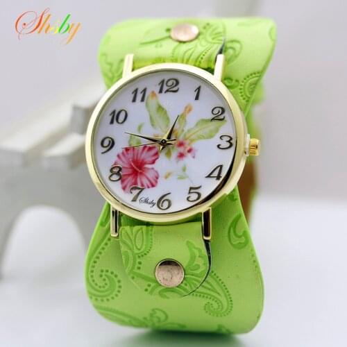 Shsby New Arrival Printed leather Bracelet Wristwatch Wide band Dress Watch with flowers Fashion Women Casual Watch girls gift