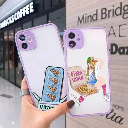 Ins pizza girl Phone Case For iPhone 12 11 Mini Pro XR XS Max 7 8 Plus X Matte transparent Purple Back Cover