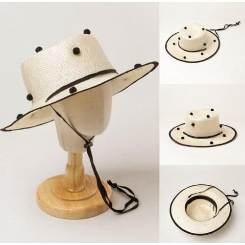 Kids Boys Girls Summer Straw Sun Hat Cute Pompom Ball Large Wide Brim Travel Holiday Sunscreen Beach Cap with Chin Strap 066F