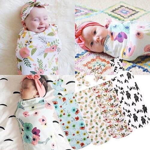 Newborn Toddler Infant Baby Swaddle Blanket Baby Sleeping Swaddle Muslin Wrap With Headband Warm Kids Sleeping Bags Set 2Pcs