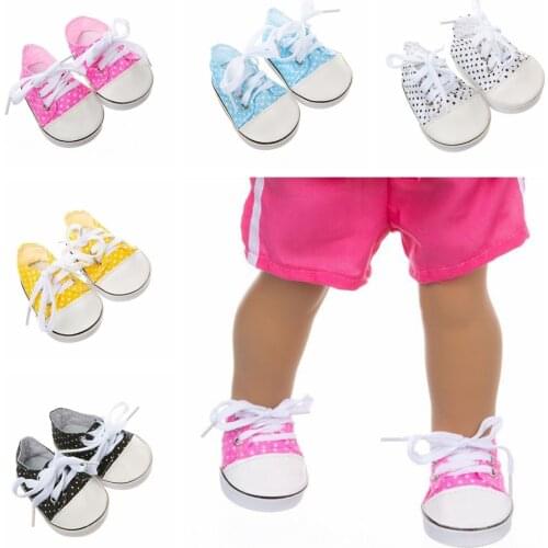7 cm Canvas Denim Sneakers With Dot Design New Born Baby Lace-up Sneakers Shoes For 18 Inches American 43 cm Baby Dolls GIfts