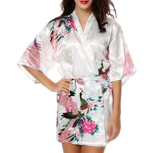 Short Kimono White Robe Blouse Peacock Printed Kimono Cover Up Loose Cardigen