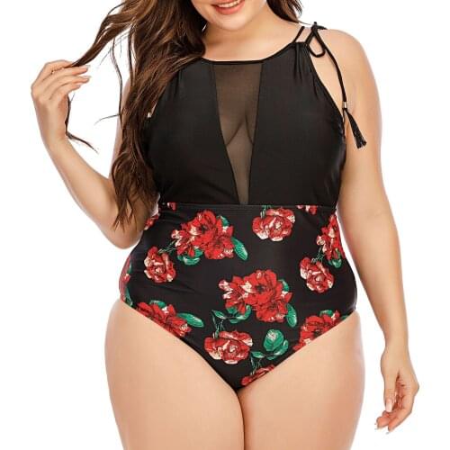 Plus size L-4XL Fashion mesh stitching printing contrast color one-piece women 2021 bikini print high waist swimsuit