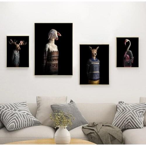 Flamingo Caribou In Clothes Art Canvas Print Painting Anthropomorphic Animal Wall Picture Living Room Home Decoration Poster