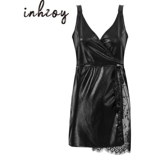 Sexy PU Patent Leather Dresses Women Lace Patchwork Wetlook Patent Leather Mini Dress for Cocktail Party Clubwear