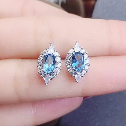 Natural real blue topaz luxury small stud earring Per jewelry 4*6mm 0.6ct*2pcs gemstone 925 sterling silver Fine jewelry J21534