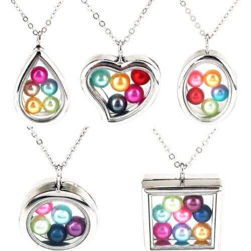 Glass Locket Pendant Necklace 50cm Steel Chain Necklace Pearl Cage Pendant for 8mm Pearl Mixed 6styles
