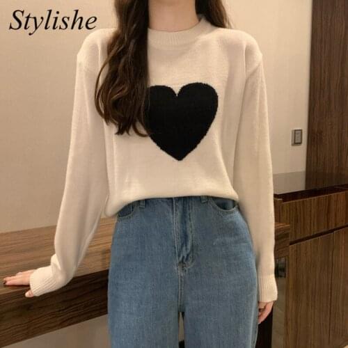 Heart Pattern Cropped Women Sweaters 2021 White Jumper Crew Neck Long Sleeve Top Female Y2K Harajuku Slim Short Knitted Sweater