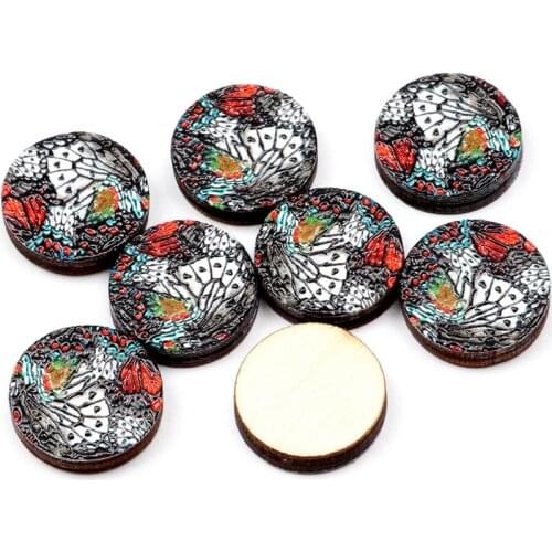 Unique 3D Flower Embossed 16mm Round Coloured Drawing pattern Laser Cut wood Cabochon DIY for Rings, Earring,Brooch,Necklace