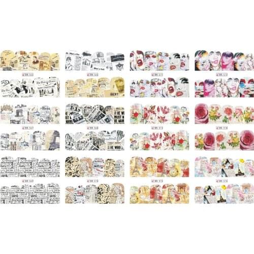 UPRETTEGO 12 PACKS / LOT NAIL ART BEAUTY WATER DECAL SLIDER NAIL ENGLISH OLD NEWS PAPER KISS LIPS FLOWER ROSE BN565-576