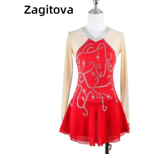 Zagitova Custom Figure Skating Dress For Girls And Women Ice Skating Clothes Red Long Sleeve Performance Clothing rhinestone
