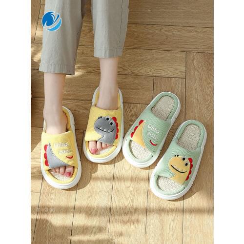 Mo Dou Autumn/Spring New Womens Slippers Cute Dragon Thick EVA Sole Hemp Insole Cotton Home Open Toe Shoes Men Couples Soft