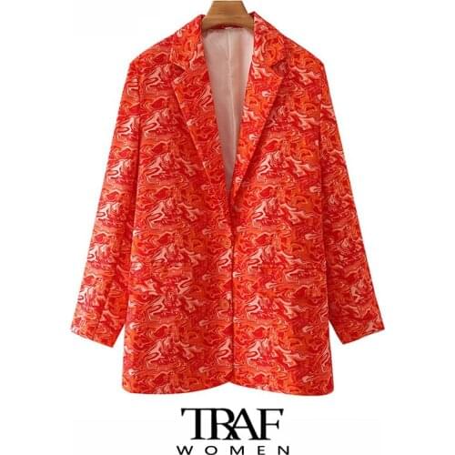 TRAF Za Women Fashion Single Breasted Totem Print Blazer Coat Vintage Long Sleeve Flap Pockets Female Outerwear Chic Veste