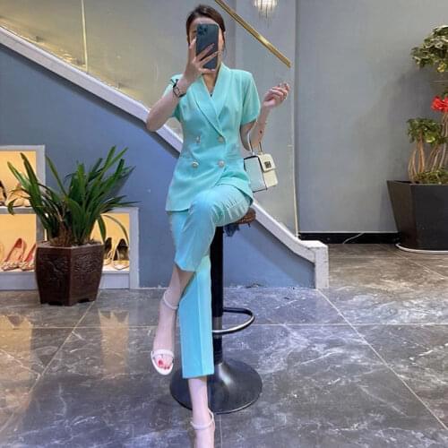 Women 2021 Summer New Fashion Vintage Blazer Pants Suit OL Elegant Bussiness Blazers + High Waist Wide Leg Pants Suits Set B12