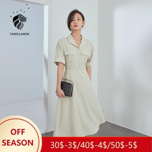 FANSILANEN Office Lady Beige Dress French Long Workwear Long Skirt Women Summer 2021 New High Waist Bottoms Clothes
