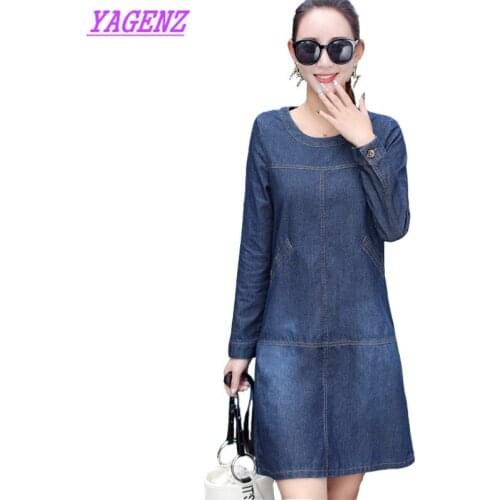 Plus size Spring Autumn Denim Dress Women Loose Thin Backing Dress Fashion Women Hedging Round neck A word Denim Dress 5XL B593
